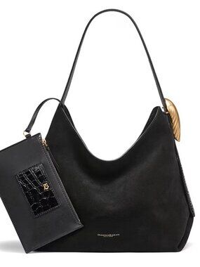 Donna Karan Black Suede Shoulder Bag with Gold Logo